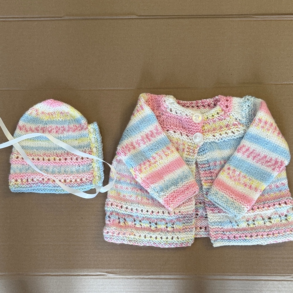 Newborn baby girl Pastel Striped Baby Cardigan and Hat Set